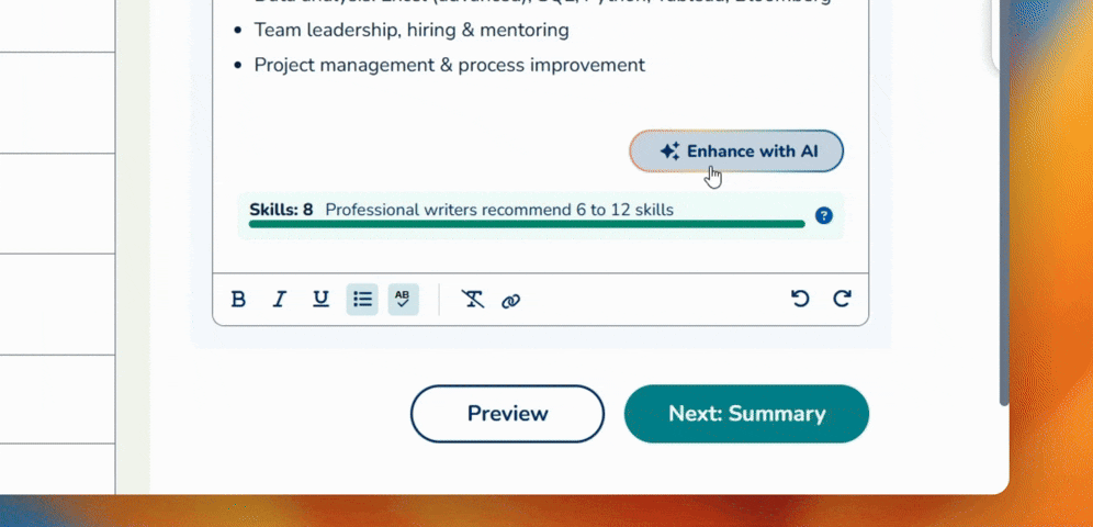 MyPerfectResume AI editing showing grammar correction and bullet point generation
