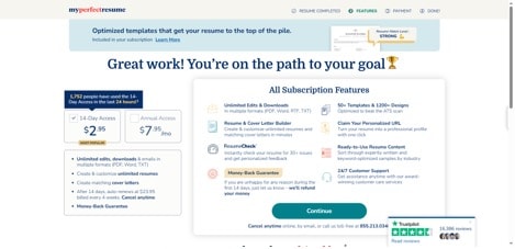 MyPerfectResume pricing showing $2.95 for 14-day access with money-back guarantee