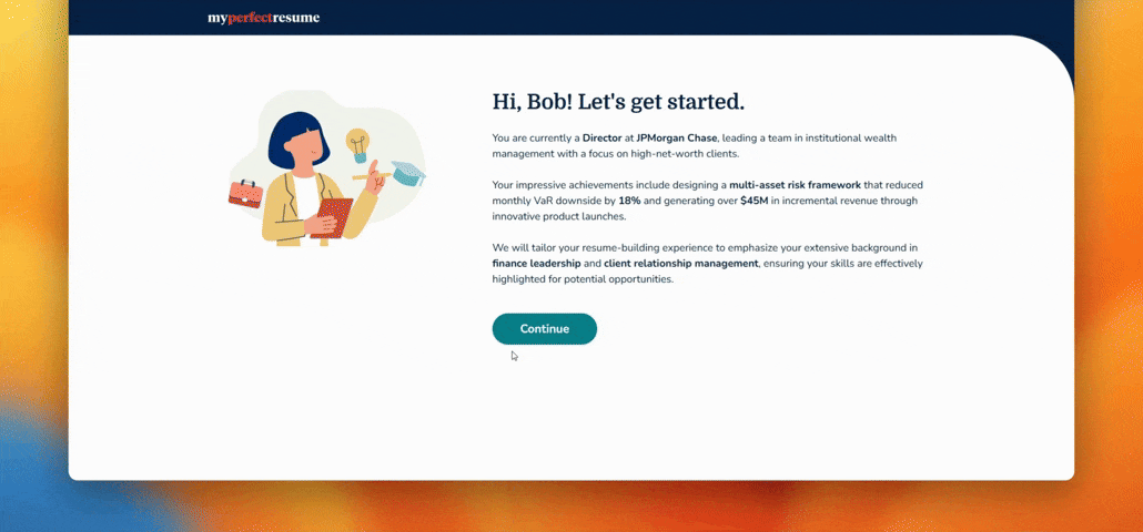 MyPerfectResume step-by-step builder showing guided resume creation process