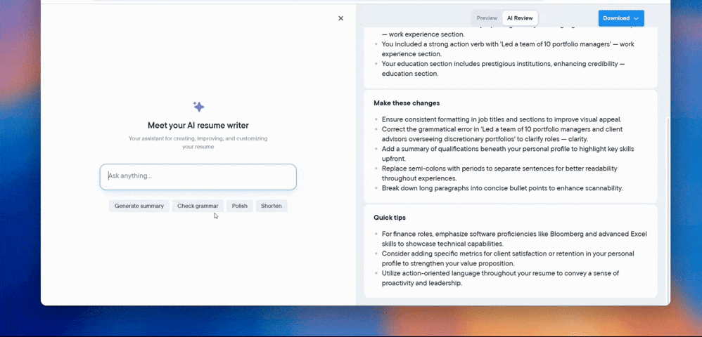 Resume.io AI rewrite feature showing automated content polishing and improvement suggestions