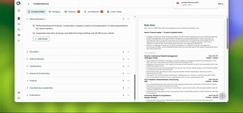 Teal HQ resume builder interface showing career optimization features